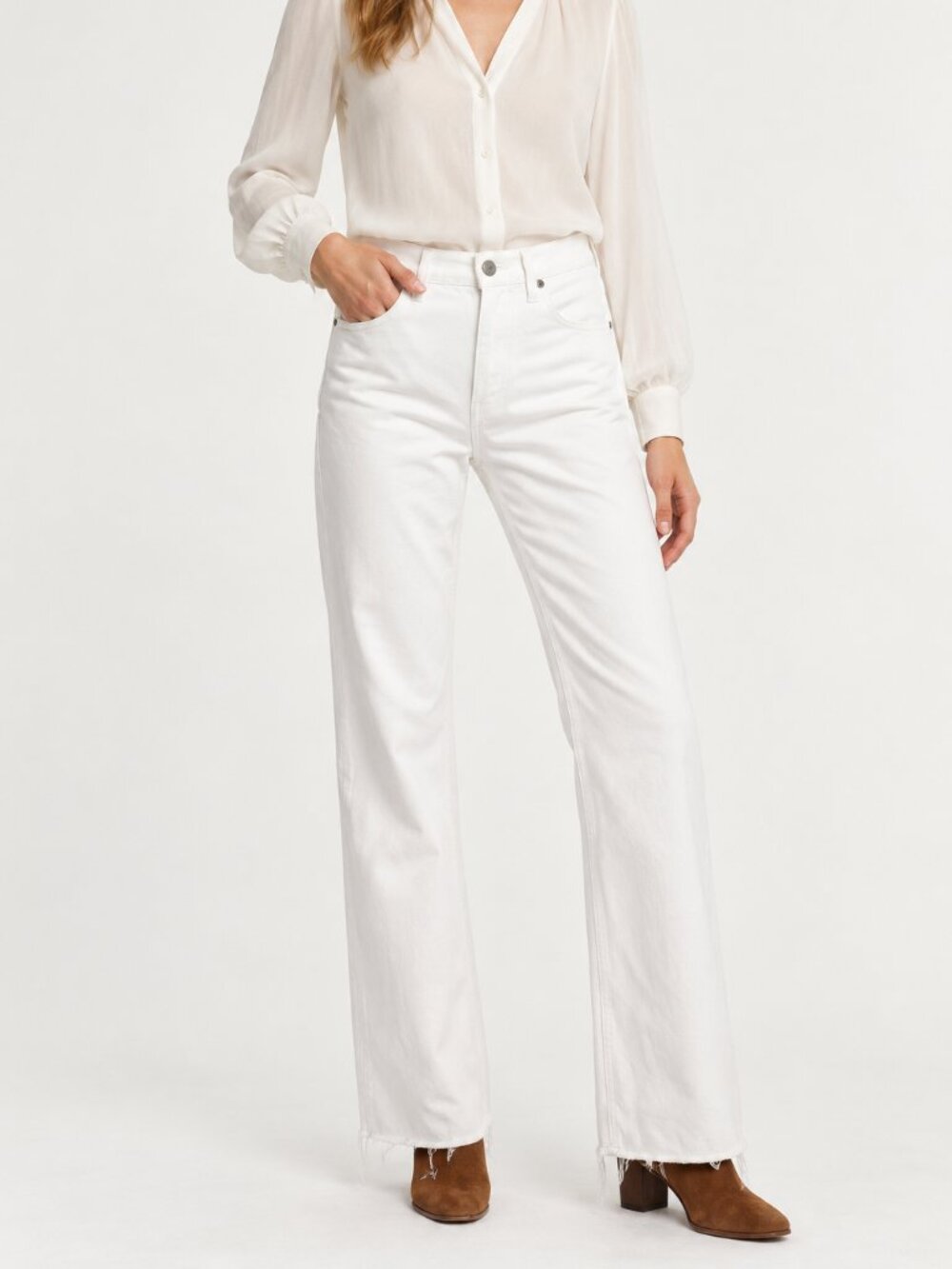 Nili Lotan Celia Womens 27 Cream White Cotton Bootcut Jeans Raw Hem Quiet Luxury
